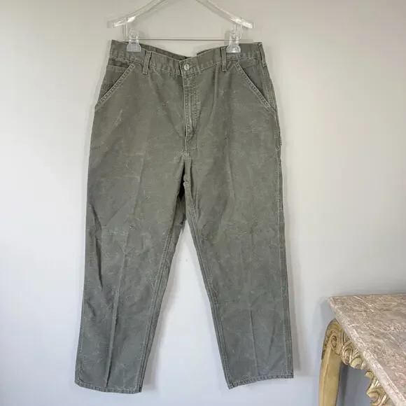 VTG Carhartt Pants Mens 37X33 Moss Green Carpenter Dungaree Canvas Duck B11 MOS